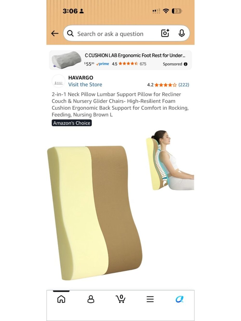 Havargo 2-in-1 Lumbar Neck Support Pillow Large Brown Ergonomic Memory Foam